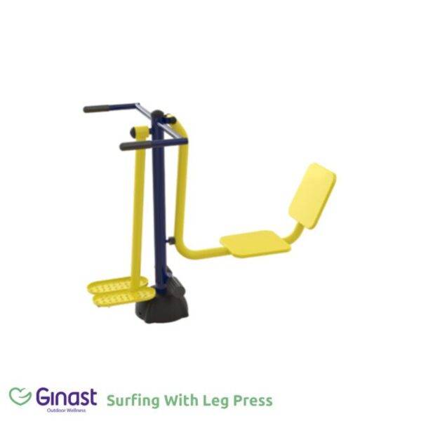 Surfing with leg press outdoor exercise equipment for a full body workout.