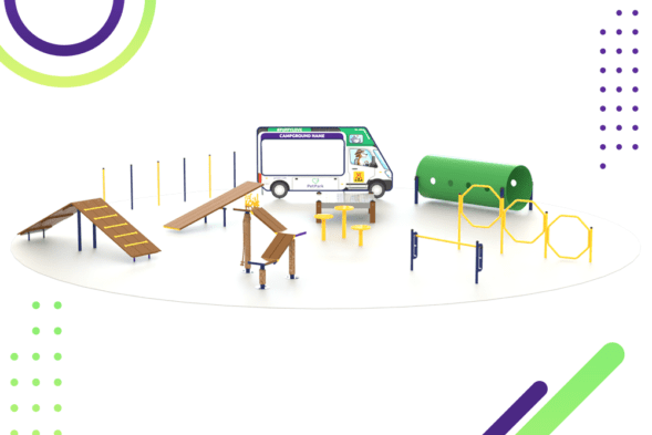 A pet park equipped with various pet-friendly amenities.