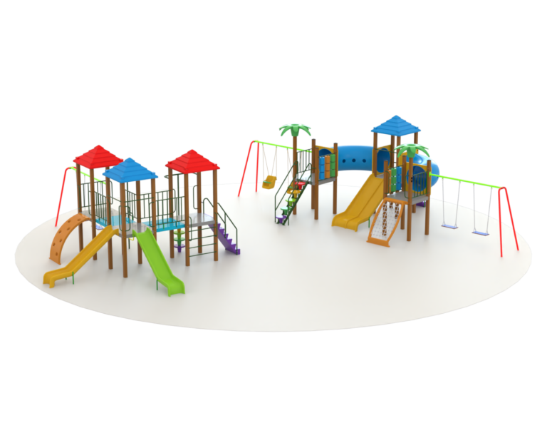 Children's playground equipment with slides, swings, and climbing structures.